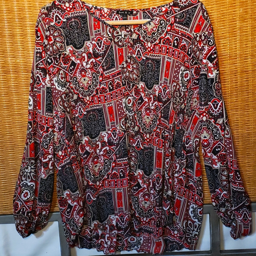 Gorgeous Red,Black Paisley Print Dainty, Flowy,Accordion Stretch women's blouse.